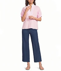 Calessa Woven Textured Stripe Band Collar Elbow Length Sleeve Tunic