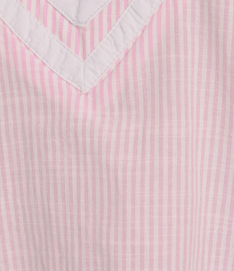Calessa Woven Textured Stripe Band Collar Elbow Length Sleeve Tunic