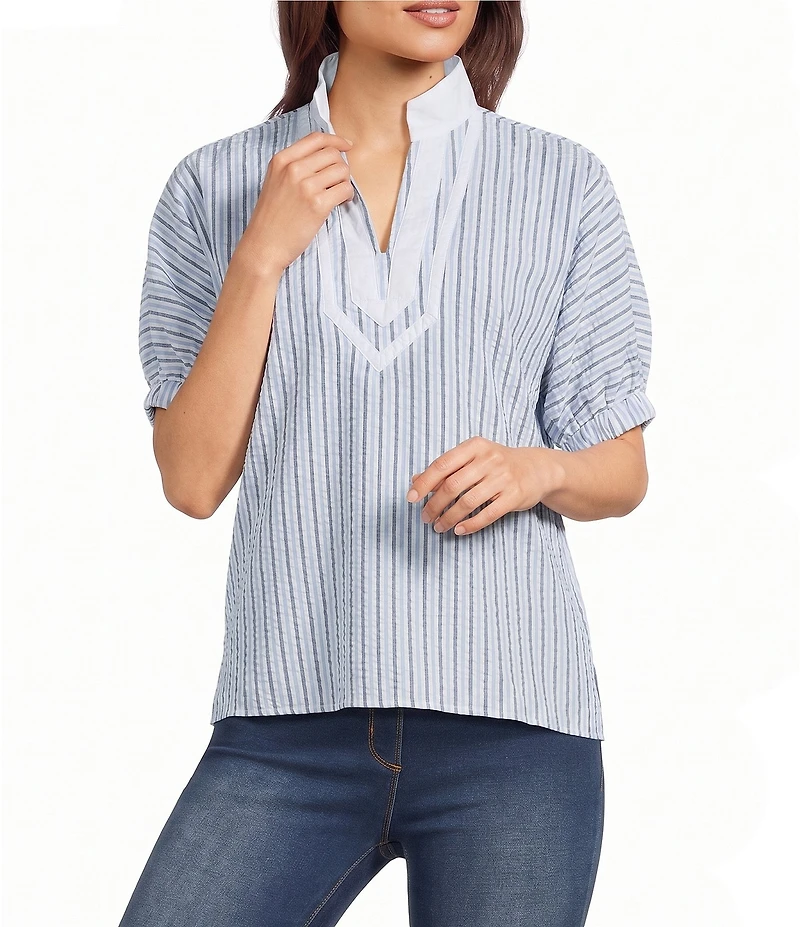 Calessa Woven Textured Stripe Band Collar Elbow Length Sleeve Tunic