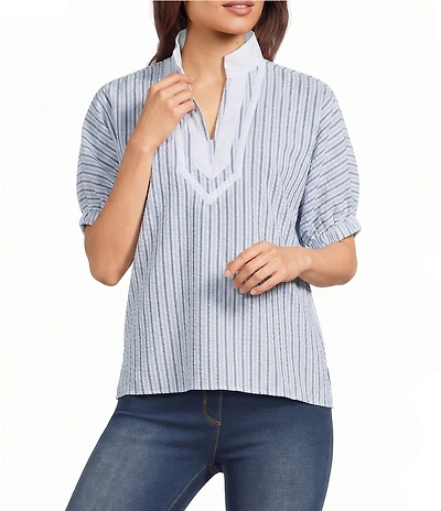 Calessa Woven Textured Stripe Band Collar Elbow Length Sleeve Tunic