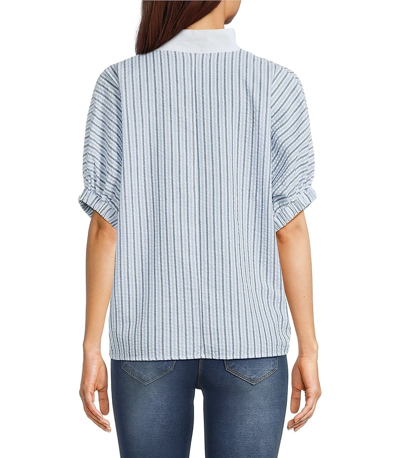 Calessa Woven Textured Stripe Band Collar Elbow Length Sleeve Tunic