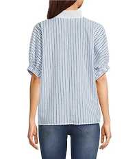 Calessa Woven Textured Stripe Band Collar Elbow Length Sleeve Tunic