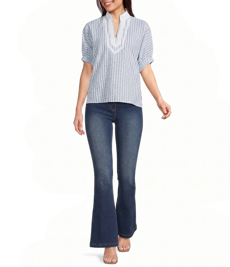Calessa Woven Textured Stripe Band Collar Elbow Length Sleeve Tunic