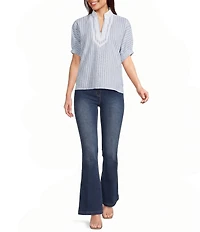 Calessa Woven Textured Stripe Band Collar Elbow Length Sleeve Tunic
