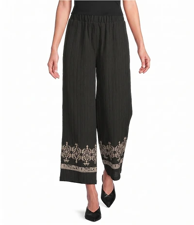 Calessa Woven Wide Leg Embroidered Hem Pull-On Pants