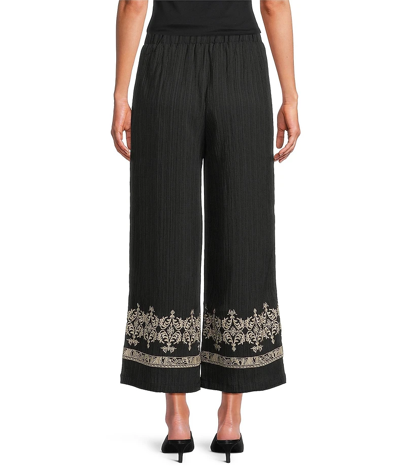 Calessa Woven Wide Leg Embroidered Hem Pull-On Pants