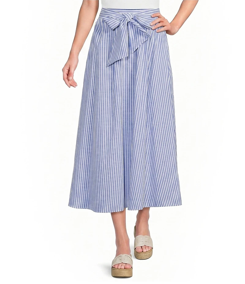 Calessa Woven Wide Stripe Tie Front A-Line Midi Skirt