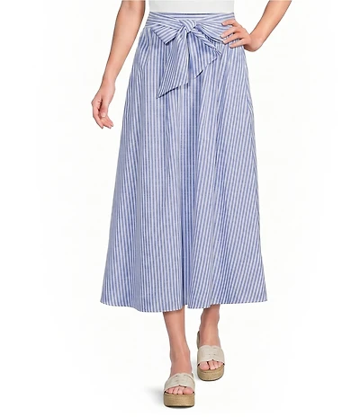 Calessa Woven Wide Stripe Tie Front A-Line Midi Skirt