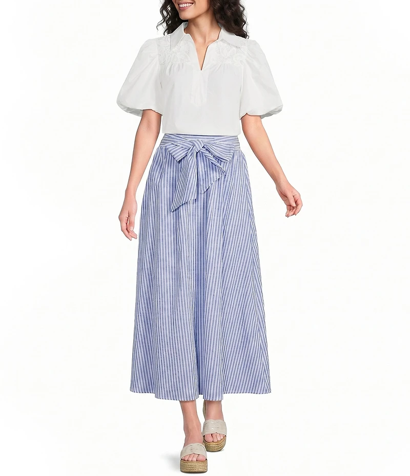 Calessa Woven Wide Stripe Tie Front A-Line Midi Skirt