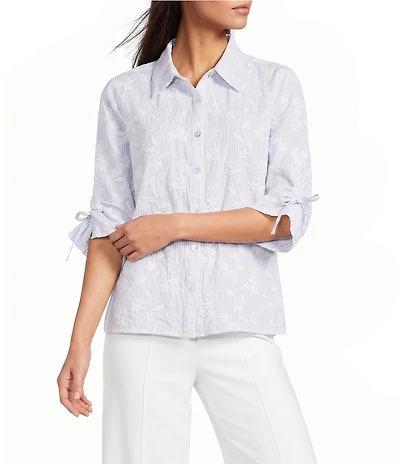 Calessa Woven Yarn Dye Stripe Embroidered Point Collar 3/4 Roll-Tab Sleeve Button Front Tunic