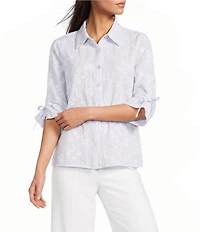 Calessa Woven Yarn Dye Stripe Embroidered Point Collar 3/4 Roll-Tab Sleeve Button Front Tunic
