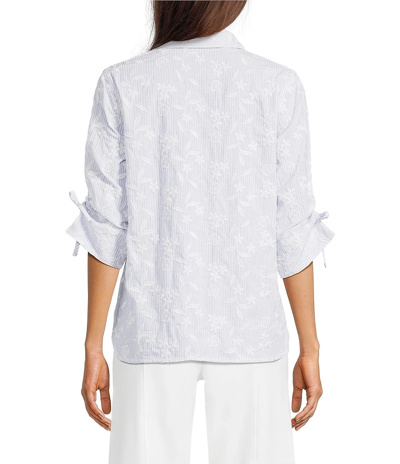 Calessa Woven Yarn Dye Stripe Embroidered Point Collar 3/4 Roll-Tab Sleeve Button Front Tunic