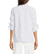 Calessa Woven Yarn Dye Stripe Embroidered Point Collar 3/4 Roll-Tab Sleeve Button Front Tunic