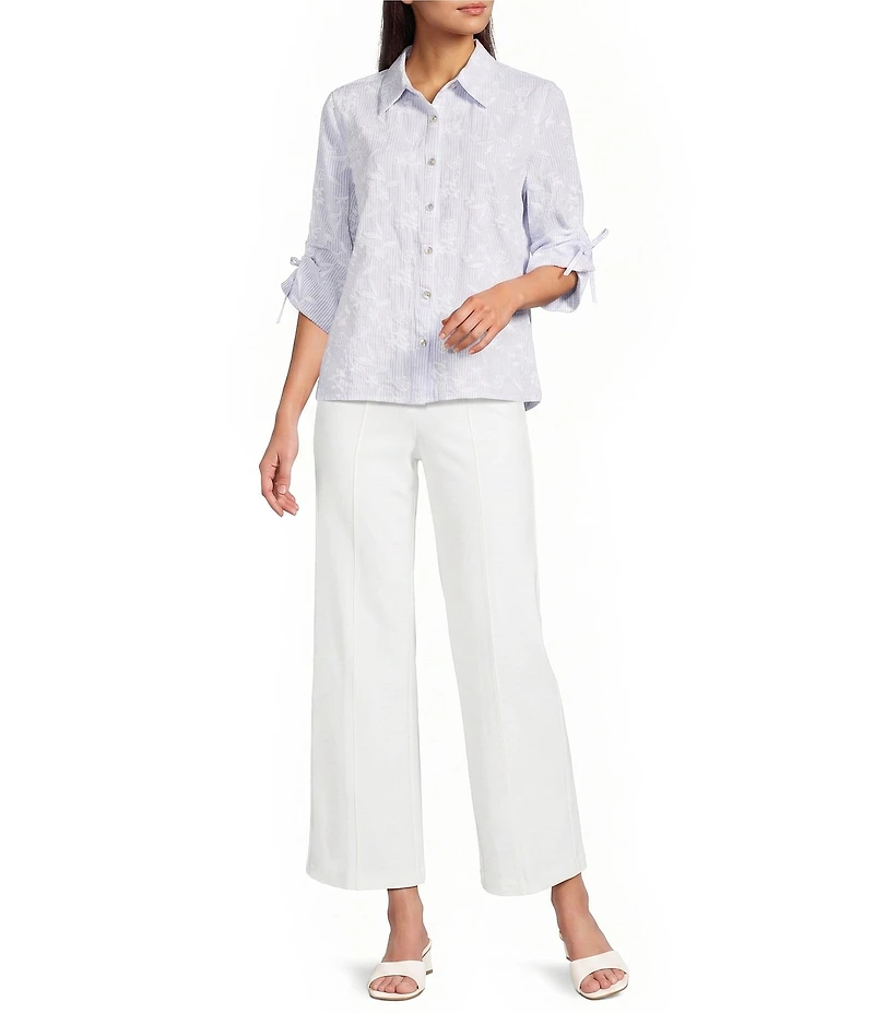 Calessa Woven Yarn Dye Stripe Embroidered Point Collar 3/4 Roll-Tab Sleeve Button Front Tunic