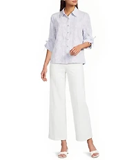 Calessa Woven Yarn Dye Stripe Embroidered Point Collar 3/4 Roll-Tab Sleeve Button Front Tunic