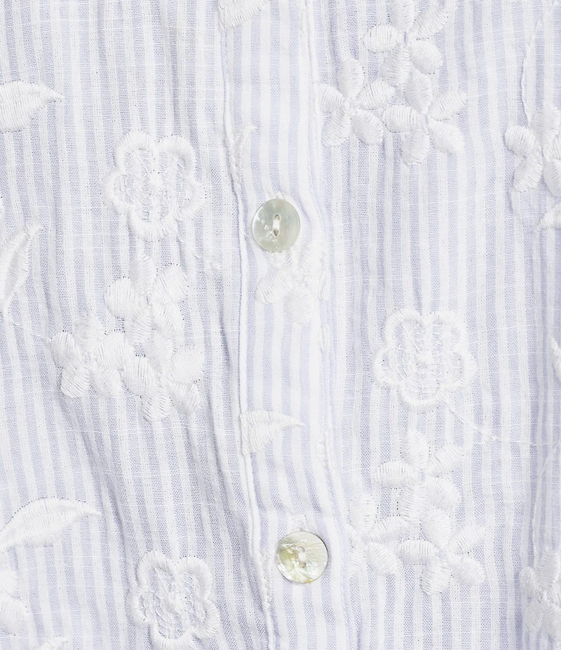 Calessa Woven Yarn Dye Stripe Embroidered Point Collar 3/4 Roll-Tab Sleeve Button Front Tunic