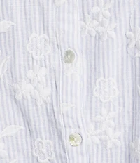 Calessa Woven Yarn Dye Stripe Embroidered Point Collar 3/4 Roll-Tab Sleeve Button Front Tunic