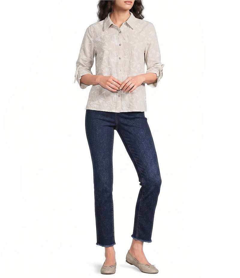 Calessa Woven Yarn Dye Stripe Embroidered 3/4 Bow Ties Detail Sleeve Button-Front Tunic