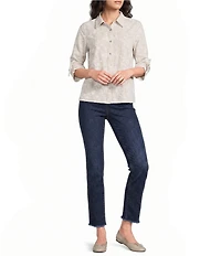 Calessa Woven Yarn Dye Stripe Embroidered 3/4 Bow Ties Detail Sleeve Button-Front Tunic