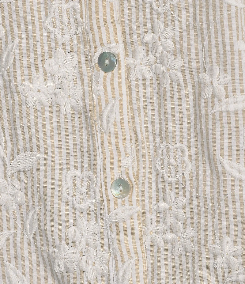 Calessa Woven Yarn Dye Stripe Embroidered 3/4 Bow Ties Detail Sleeve Button-Front Tunic