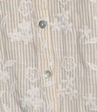 Calessa Woven Yarn Dye Stripe Embroidered 3/4 Bow Ties Detail Sleeve Button-Front Tunic