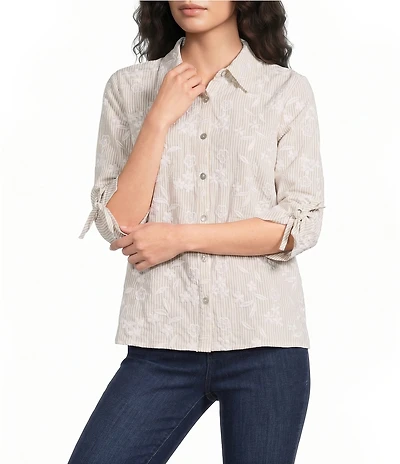 Calessa Woven Yarn Dye Stripe Embroidered Point Collar 3/4 Roll-Tab Sleeve Button Front Tunic