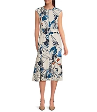 Calvin Klein Abstract Print Crew Neck Short Sleeve Belted A-Line Midi Dress