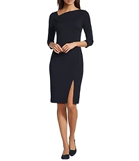 Calvin Klein Asymmetric Fold Over Neck Front Slit 3/4 Sleeve Sheath Dress