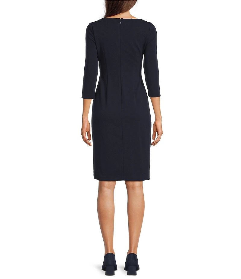 Calvin Klein Asymmetric Fold Over Neck Front Slit 3/4 Sleeve Sheath Dress