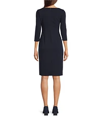 Calvin Klein Asymmetric Fold Over Neck Front Slit 3/4 Sleeve Sheath Dress