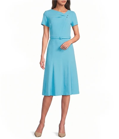 Calvin Klein Asymmetrical Neck Short Sleeve Belted Scuba Crepe Midi Dress