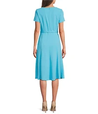 Calvin Klein Asymmetrical Neck Short Sleeve Belted Scuba Crepe Midi Dress