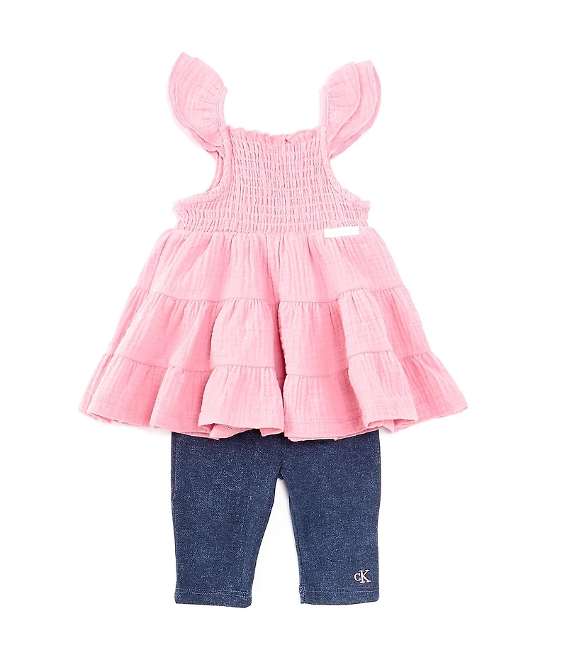 Calvin Klein Baby Girls 12-24 Months Flutter-Sleeve Tiered Woven Muslin Tunic Top & Solid Knit Capri Leggings Set
