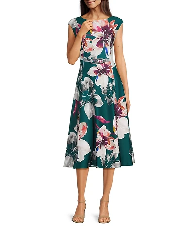 Calvin Klein Boat Neck Scuba Crepe A-Line Floral Midi Dress