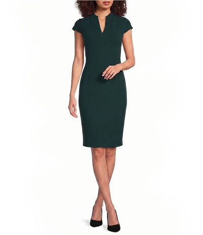 Calvin Klein Short Sleeve Split V-Neck Scuba Crepe Sheath Dress