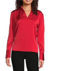 Calvin Klein Charmeuse Deep V-Neck Long Sleeve Blouse