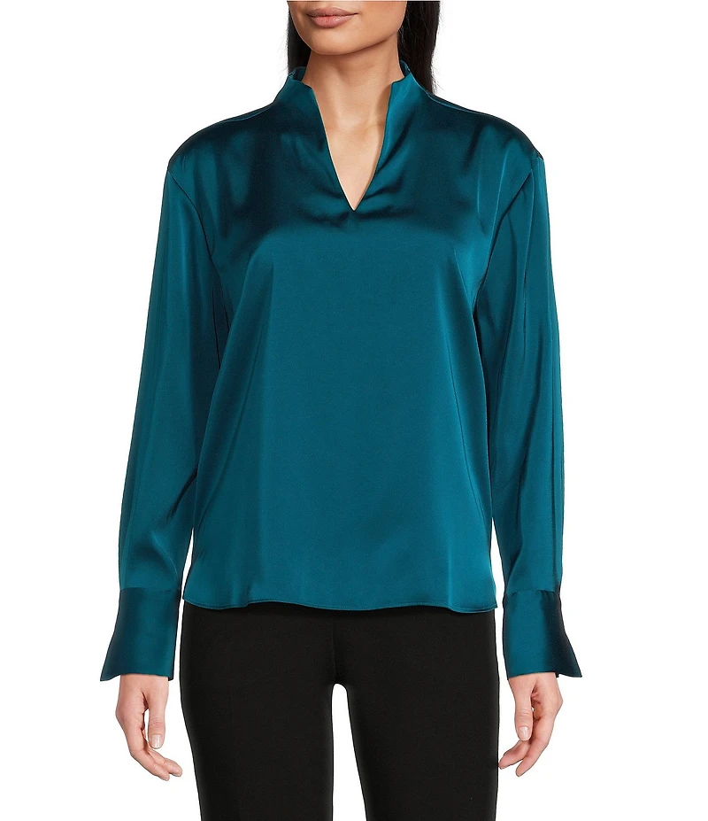 Calvin Klein Charmeuse Deep V-Neck Long Sleeve Blouse