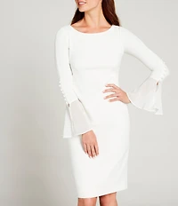 Calvin Klein Chiffon Long Sheer Bell Sleeve Round Neck Sheath Dress
