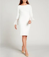 Calvin Klein Chiffon Long Sheer Bell Sleeve Round Neck Sheath Dress