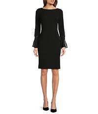 Calvin Klein Chiffon Long Sheer Bell Sleeve Round Neck Sheath Dress