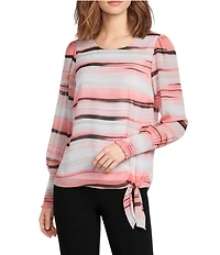 Calvin Klein Chiffon Crew Neck Long Sleeve Smocked Cuff Tie-Front Blouse