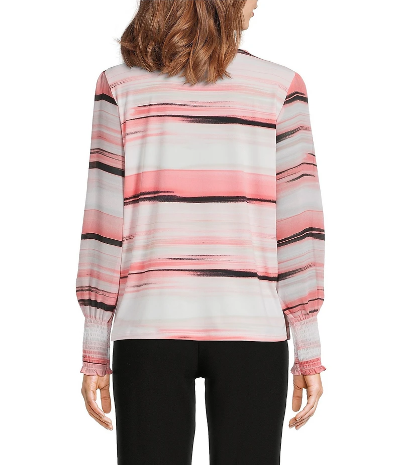 Calvin Klein Chiffon Crew Neck Long Sleeve Smocked Cuff Tie-Front Blouse
