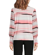 Calvin Klein Chiffon Crew Neck Long Sleeve Smocked Cuff Tie-Front Blouse