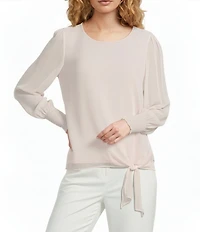 Calvin Klein Chiffon Crew Neck Long Sleeve Smocked Cuff Tie Front Top