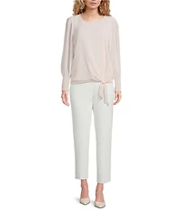 Calvin Klein Chiffon Crew Neck Long Sleeve Smocked Cuff Tie Front Top