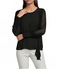 Calvin Klein Chiffon Crew Neck Long Sleeve Smocked Cuff Tie Front Top