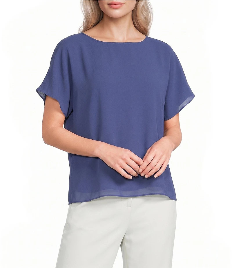 Calvin Klein Chiffon Crew Neck Short Flutter Sleeve Blouse