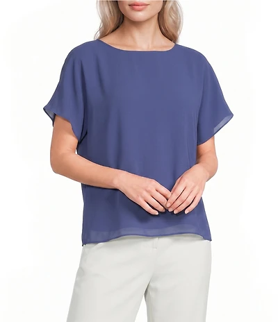 Calvin Klein Chiffon Crew Neck Short Flutter Sleeve Blouse
