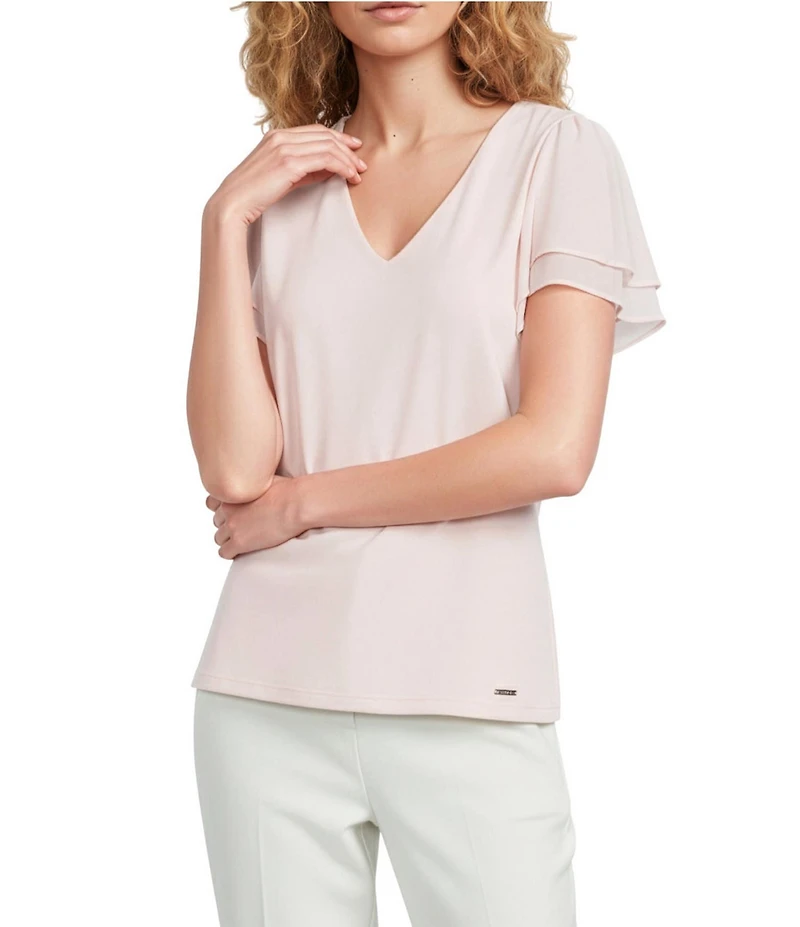 Calvin Klein Chiffon Crew Neck Short Flutter Sleeve Blouse