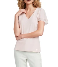 Calvin Klein Chiffon Crew Neck Short Flutter Sleeve Blouse